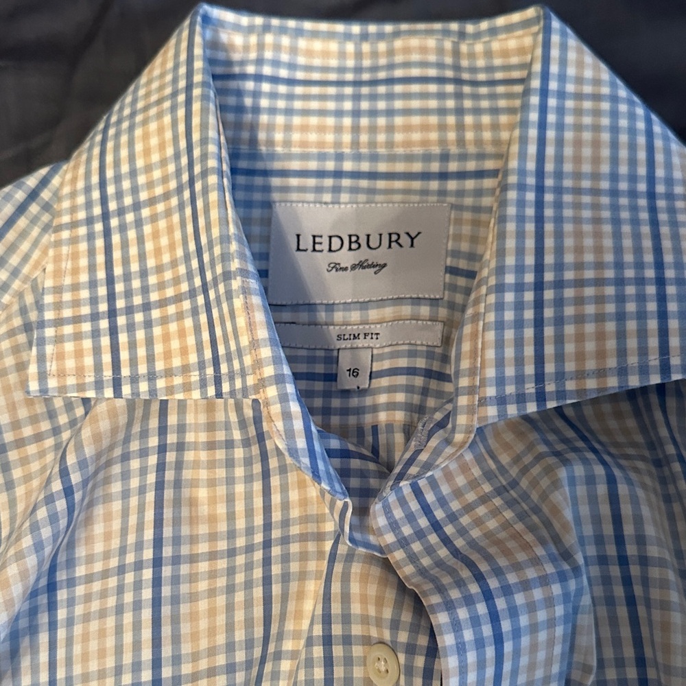 Ledbury Men's Blue and Tan Checkered Shirt
